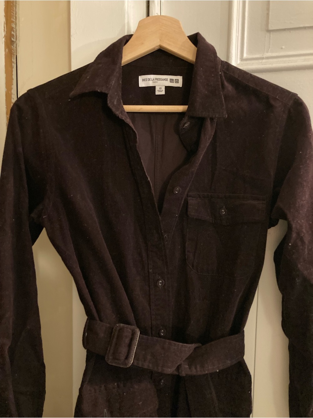 dark Burgundy Uniqlo Ines de la Fressange corduroy button up dress with belt